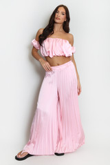 Satin Pleated Palazzo Trouser And Bardot Top Set
