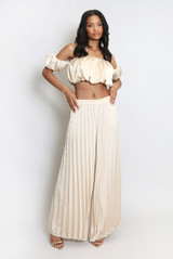 Satin Pleated Palazzo Trouser And Bardot Top Set