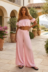 Satin Pleated Palazzo Trouser And Bardot Top Set