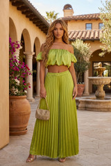 Satin Pleated Palazzo Trouser And Bardot Top Set