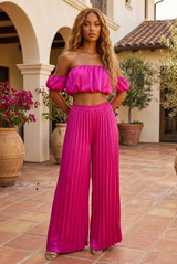 Satin Pleated Palazzo Trouser And Bardot Top Set