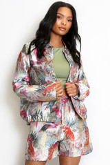 Jacquard Bird Print Bomber Jacket