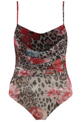 Floral Leopard Print Mesh Drape Neck Bodysuit
