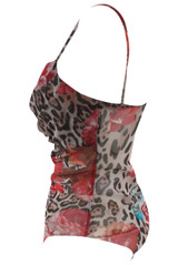 Floral Leopard Print Mesh Drape Neck Bodysuit