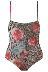 Floral Leopard Print Mesh Drape Neck Bodysuit