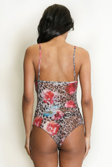 Floral Leopard Print Mesh Drape Neck Bodysuit