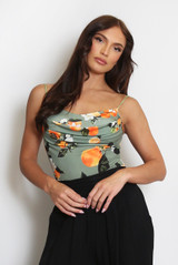 Cowl Neck Bodysuit in Oranges Print