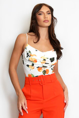 Cowl Neck Bodysuit in Oranges Print