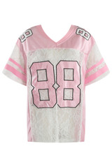88 Slogan V Neck Sheer Lace Varsity Top