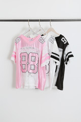 88 Slogan V Neck Sheer Lace Varsity Top
