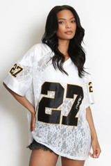 27 Slogan V Neck Sheer Lace Varsity Top