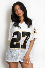 27 Slogan V Neck Sheer Lace Varsity Top