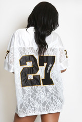 27 Slogan V Neck Sheer Lace Varsity Top