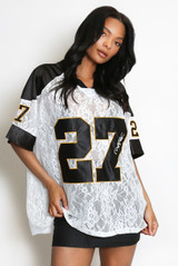 27 Slogan V Neck Sheer Lace Varsity Top