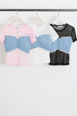 Sheer Mesh Top With Denim Panel