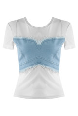 Sheer Mesh Top With Denim Panel