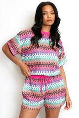 Wavy Striped Short Sleeve Top And Shorts Set