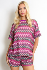 Wavy Striped Short Sleeve Top And Shorts Set