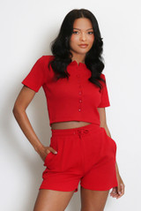 Ribbed Button Front Top And Shorts Set