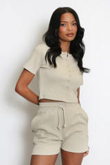 Ribbed Button Front Top And Shorts Set