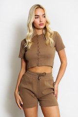 Ribbed Button Front Top And Shorts Set