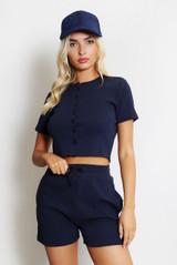Ribbed Button Front Top And Shorts Set