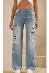 Blue Ripped Straight Denim Jeans