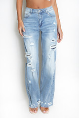 Blue Ripped Straight Denim Jeans