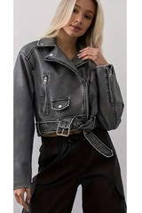 Faux Leather Belted Biker Jacket