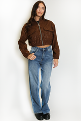 Embossed Cropped Faux Suede Bomber Jacket
