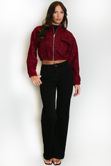 Embossed Cropped Faux Suede Bomber Jacket