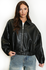 Faux Leather Bomber Jacket With Belt