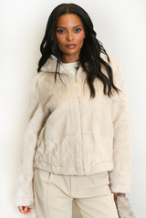 Faux Fur Hooded Jacket With Cable Look Hem