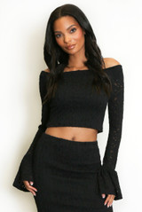 Floral Lace Bardot Top With Flare Cuff