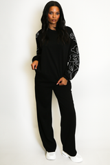 Floral Outline Print Sweatshirt And Jogger Set