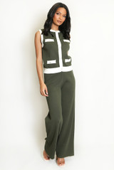 Ribbed Contrast Trim Waistcoat and Wide Leg Trousers Set