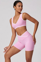  Crop Top And Shorts Gym Set With Contrast Piping