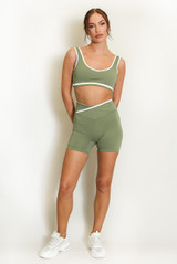  Crop Top And Shorts Gym Set With Contrast Piping