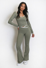 Contrast Edge V Neck Top and Flare Hem Trouser Set Contrast Edge V Neck Top and Flare Hem Trouser Set