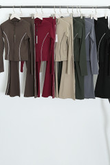 Contrast Lining Zipper Top and Flare Hem Trouser Set