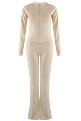 Contrast Lining Zipper Top and Flare Hem Trouser Set