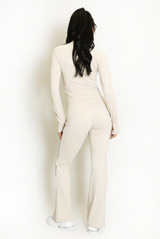 Contrast Lining Zipper Top and Flare Hem Trouser Set