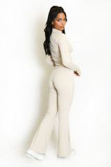 Contrast Lining Zipper Top and Flare Hem Trouser Set