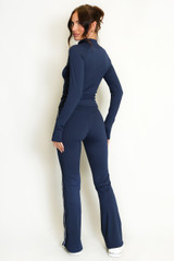 Contrast Lining Zipper Top and Flare Hem Trouser Set