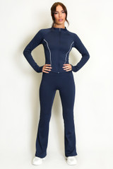 Contrast Lining Zipper Top and Flare Hem Trouser Set