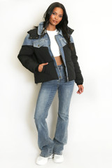 Denim Detail Puffer Jacket  Denim Detail Puffer Jacket
