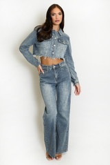 Vintage Denim Cropped Jacket And Wide Leg Jeans Set Vintage Denim Cropped Jacket And Wide Leg Jeans Set