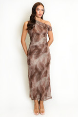 Marble Print Asymmetric Shoulder Maxi Dress 