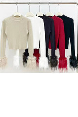 Fur Cuff Fine Knit Ribbed Jumper