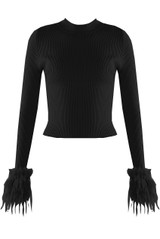 Fur Cuff Fine Knit Ribbed Jumper